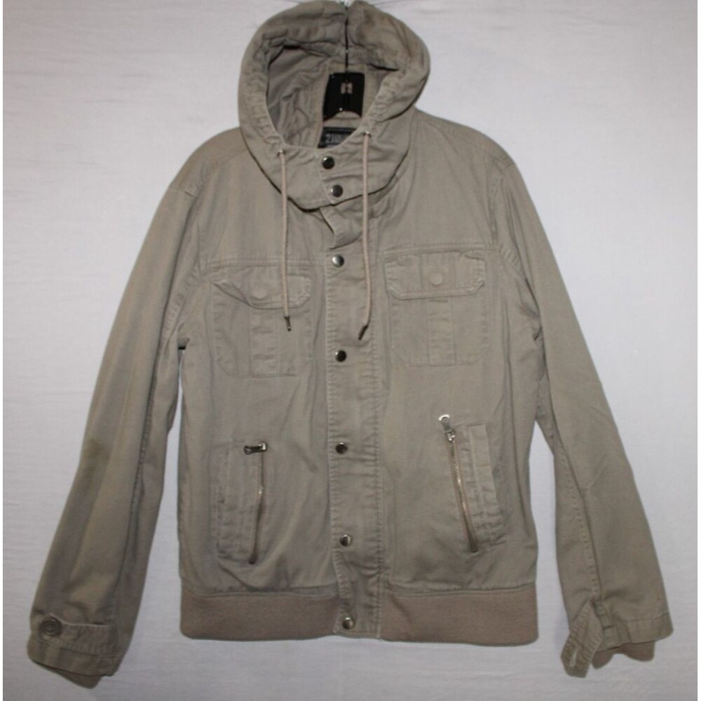 21 Men Los Angeles Jacket Mens Large Military Style Hoodie Beige Utility Coat***